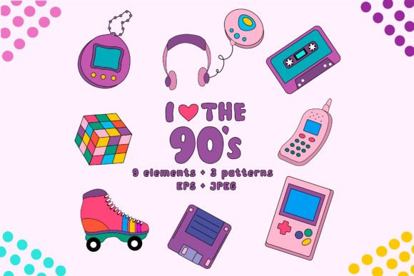 Download Back to the 90's Set. Icons and Patterns - Set Collection